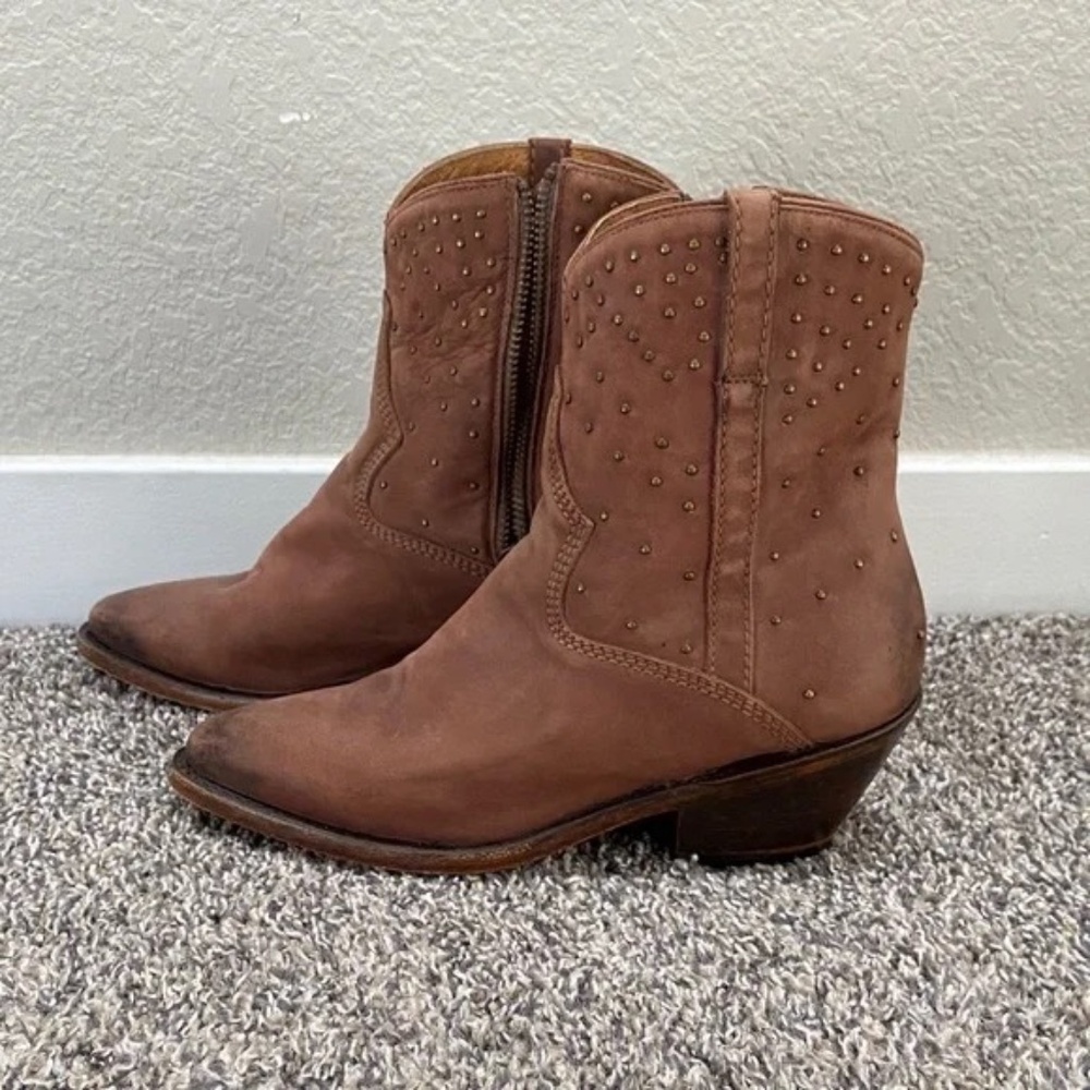 Lucchese Avie Brown Suede Studded Ankle Zip Up Cowboy Western Boots 6.5